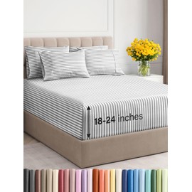 Extra Deep Full Sheet Set - 6 Piece Breathable & Cooling Sheets - Hotel Luxury Bedding Set w/18-24 Inch Extra Deep Pockets - Easy & Secure Fit - Soft, Wrinkle Free and Comfy - Grey Stripes, Full Size