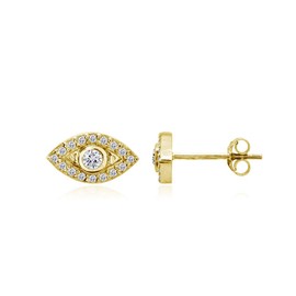 Hoops & Loops 925 Sterling Silver Evil Eye Round Bezel-Set Cubic Zirconia Dainty Stud Earrings for Women Men Teen Girls, Yellow Gold
