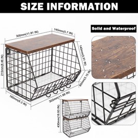 Livabber Fruit Basket for Kitchen, Metal Fruit Vegetable Storage Bin with 2 Banana Hangers, Countertop Wire Basket Organizer for Fruit Snack Potato Onion, Wall Mounted or Stand (Black, 2 Pack)