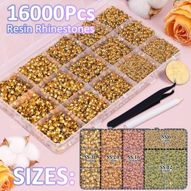 16000Pcs Resin Rhinestones with Tweezers for Crafting, Gold 2-6mm Mixed Sizes Flatback Gems, Bedazzling Crystal for DIY Crafts Clothing Tumblers Mugs Shoes Fabric Nail Art