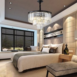 ELGOBST Black Modern Crystal Chandelier Lighting K9 Crystal Round Chandelier Hanging Ceiling Light Fixture 3-Tier Contemporary Crystal Pendant Light for Dining Room Living Room Bedroom 21.68inch