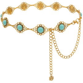 Wovanoo Concho Chain Belt for Women Turquoise Metal Waist Belts Hollow Out Stone Chain Belts Adjustable Western Chain Gold 135cm