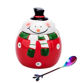 HPYNPES Ceramic Sugar Bowl with Lid and Spoon- Classy Sugar Container with Cute Christmas Snowman Design- Christmas Decorations- Durable, Airtight Sugar Pot with Spoon- Unique Christmas Gifts- 14Oz
