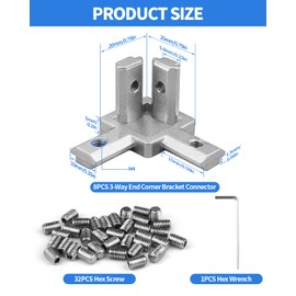 8Pcs 2020 Aluminum Extrusion 3-Way End Corner Bracket Connectors – Sliver Solid L-Shape Joint Brackets with Screws & Wrench for 2020 Series 6mm Slot Profile Accessories