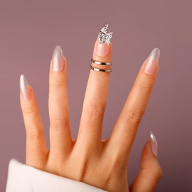 Rumtock Silver Butterfly Knuckle Nail Ring with Crystal Fingernail Opening Ring Nail Art Cap Jewelry for Women Girls