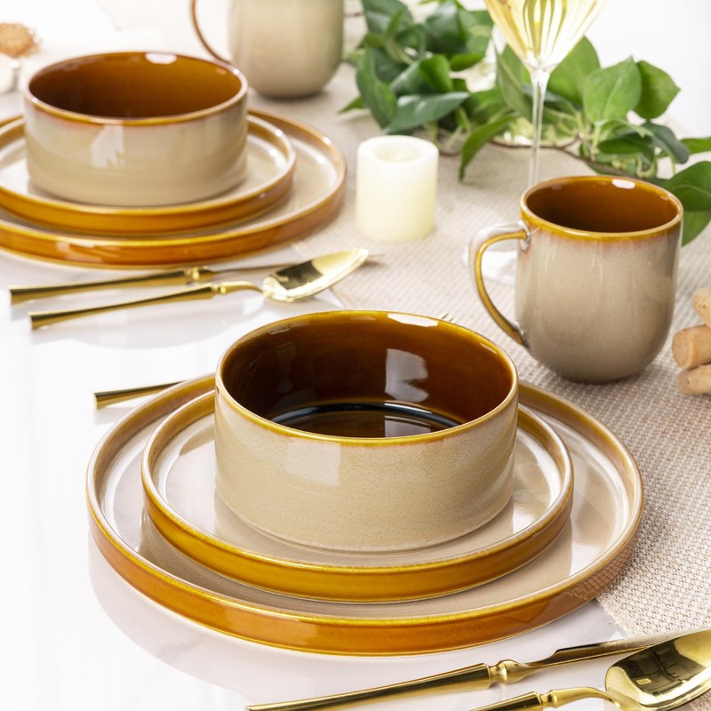 LERATIO Ceramic Dinnerware Sets for 4,Round Reactive Glaze Ceramic Plates