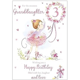 Granddaughter 3rd Birthday Card - Age 3 - Ballerina Girl and Flowers - Special Finishes - Made in the UK