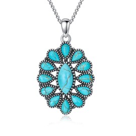 DOLIOX Native American Style Genuine Turquoise Necklace Jewelry for Women 925 Sterling Silver Squash Blossom Western Pendant for Her Wife Mom