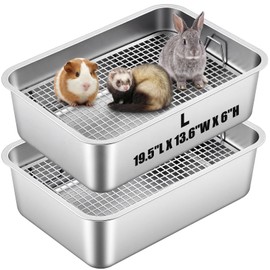Maxcheck 2 Pcs Large Rabbit Litter Box, Stainless Steel Rabbit Litter Pan with 2 Raised Grid, High Back Wall Bunny Toilet Tray Potty Training Pan for Ferret Bunny Guinea Pig(L 19.5"L x 13.6"W x 6"H)
