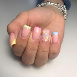 Colorful French Tip Press on Nail Love Heart False Nail Short Coffin Nails Mirror Acrylic Full Cover Fake Nails for Women Girls