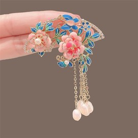 Pearl Peony Flower Fan Brooch Flower Tassel Lapel Pin Crystal Pearl Flower Badge Brooch Elegant Peony Pin Chinese Style Women Girl Gift