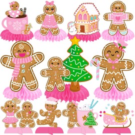 Gingerbread Christmas Honeycomb Ccenterpieces 12Pcs Pink Gingerbread Man Party Decorations Merry Xmas Gingerbread Table Centerpieces for Winter Holiday Baby Shower Party Supplies