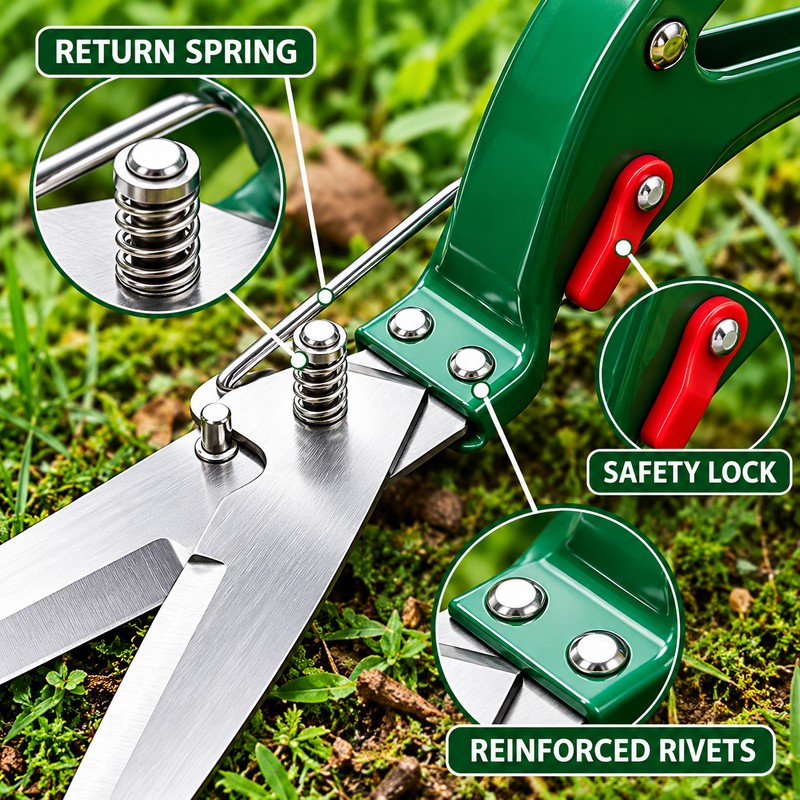 Stainless Steel Spring-Loaded Grass Shears, Long-Length Bypass Lawn Cutter for