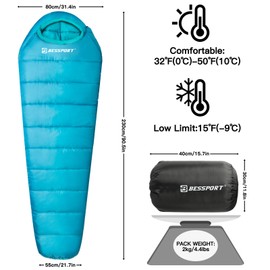 Bessport Mummy Sleeping Bag | 15-32 ℉ Extreme 3-4 Season Sleeping Bag for Adults Cold Weather– Warm and Washable, for Hiking Traveling & Outdoor Activities