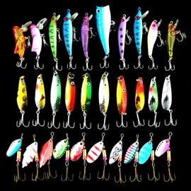 Lurowo 30 Pieces Fishing Lure Spinner Set Artificial Bait for Fishing Pike Zander Perch Trout Trout Bait Pike Bait with Fishing Hooks, Wobbler Bait Spin Fishing Set