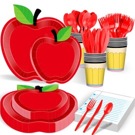 175 Pcs Back to School Party Supplies Tableware Set – Serves 25, Red Apple and Notebook Paper Theme Disposable Plates, Cups, Napkins, Forks, Spoons, Knives for Classroom, Teacher, School Decorations