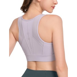 Yvette Zip Front Sports Bras for Women High Impact Supportive Large Bust Bras for Running, Purple, L+