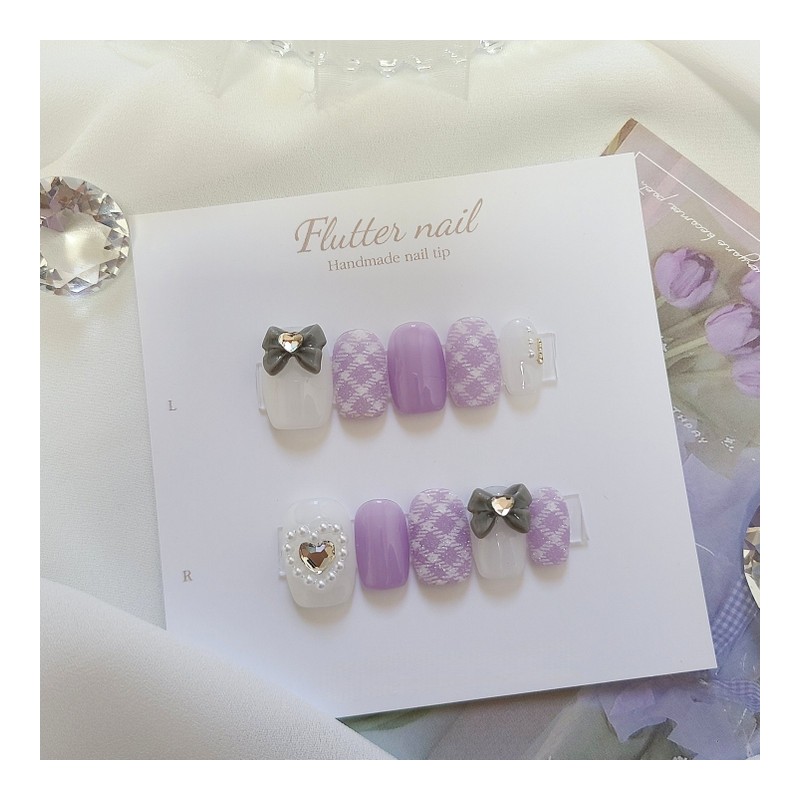 Purple check ribbon handmade nail tip - Short Oval Mini