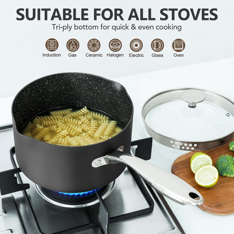 MICHELANGELO Hard Anodized Saucepan Set with Lids, Nonstick Saucepan with
