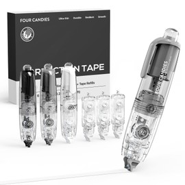 Four Candies Refillable Retractable White Correction Tape, 3PCS White Cute Smooth Push Pull Out Tape with 3 Extra Refills, Aesthetic Pen Shaped Applicator for School Office Supplies