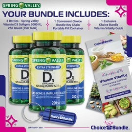 Spring Valley Vitamin D3 Softgels 125 mcg 5000 IU 250 Ct 3 pk (750 Total) + Vitamin Vitality & Pill Container (5 Items)!