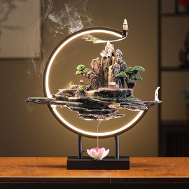 TXYXT Backflow Incense Waterfall Fountain Burner with Adjustable LED Light Ring,Resin Rockery Landscape Ornament insence-Stick Holder,Compatible with Cone and Stick Incense (Grayish Green)