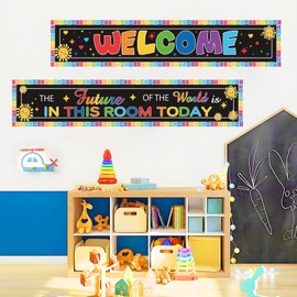 2Pcs Classroom Banner Decorations Back to School Banner Black Colorful Welcome Poster Positive Affirmations Sign for Teacher Kindergarten Elementary Primary School Bulletin Board Motivation Wall Decor