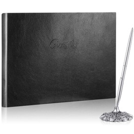 Leather Guest Book and Pen Stand Set, 10.5" x 8" Embossed Guests Sign in Book Registry Book for Funeral, Wedding Reception, Vacation Homes and Events, 80 Sheets (Black)