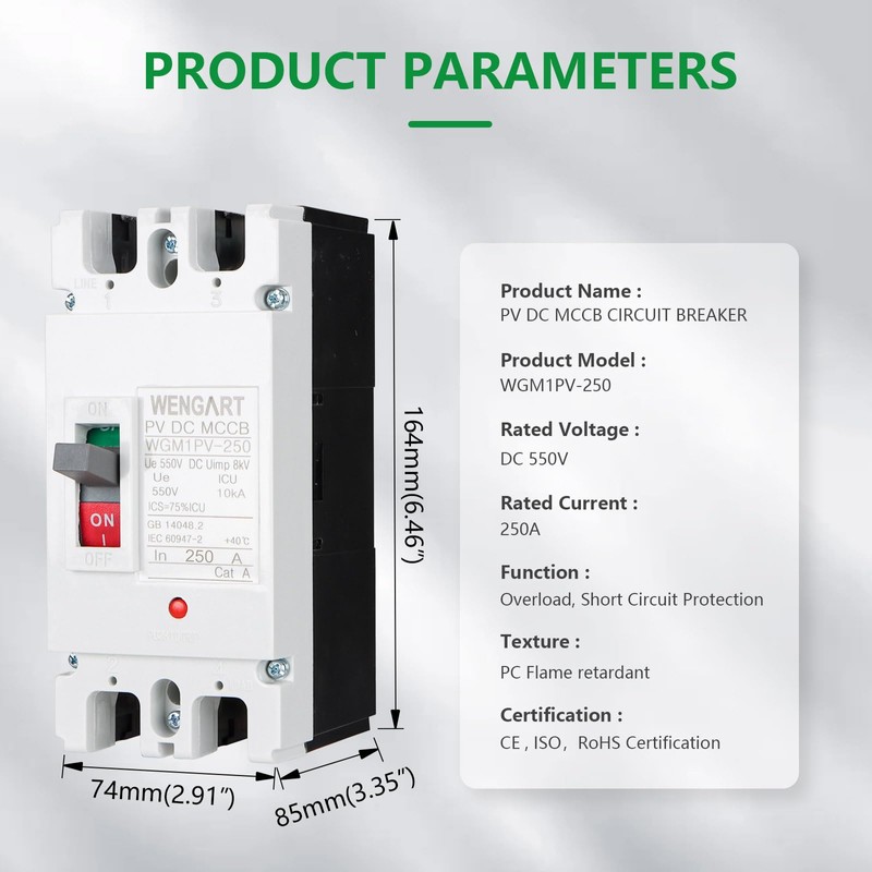Wengart MCCB Circuit Breaker WGM1PV-250,DC500V 250Amp,2P DC Circuit Breaker for