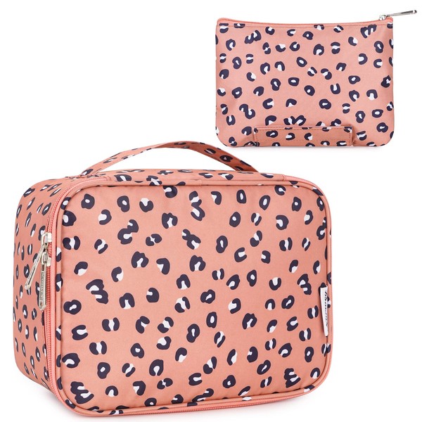 Travel Makeup Bag Large Cosmetic Bag Makeup Case Organizer for Women and Girls (Orange Leopard (Upgrade))