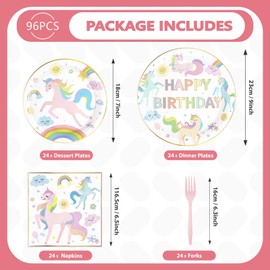96Pcs Unicorn Birthday Party Supplies 350 GSM Pastel Rainbow Unicorn Plates and Napkins Tableware Sets Unicorn Party Themed Decorations for Girls Happy Birthday Unicorn Baby Shower Party Serves 24