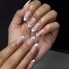 White French Tip Medium Almond Press On Glossy Silver Wavy