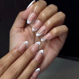 White French Tip Medium Almond Press On Glossy Silver Wavy Line Acrylic Stick On False Nails | DIY Nail Art