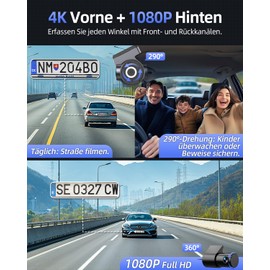 CIEVIE 4K + 1080P Car Front Rear Dash Cam with 64GB SD Card, 5GHz WiFi Dash Cam with 3.8 cm IPS Display, 170° Wide Angle, G-Sensor, WDR Night Vision, Loop Recording, App Control, Supports 256 GB Max