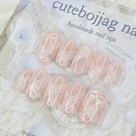 Pearl Ribbon Handmade Nail Tips - Stiletto M / 진주 리본 수제네일팁 - 스틸레토M