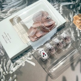 Black Christmas Snowflake Press on Nails Winter Short Square Fake Nails White French Glitter Glue on Nails False Nails Xmas Cute Snowmen Nose Design Artificial Nails Acrylic Nails for Women 24 Pcs