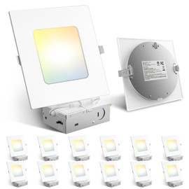 Amico 12 Pack 6 Inch Ultra-Thin LED Square Recessed Light with Junction Box, 5CCT 2700K/3000K/3500K/4000K/5000K Selectable, 1050LM Brightness, Dimmable Canless Wafer Downlight, 12W, ETL&FCC