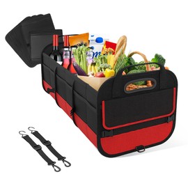 povtii Large Organizer for Car, 95L Stretchable Storage Trunk Organizer with Divided Compartments, Fixed Big Trunk Organizer with Handles & Adjustable Straps, Car Accessories (Black & Red)