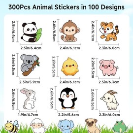 Anwyll 300Pcs Animal Stickers - Cute Animal Water Bottle Stickers Waterproof Vinyl Animals Sticker Bulk Self Adhesive Pet Reward Sticker for Baby Teacher Classroom Back to School Sufari Party Decor