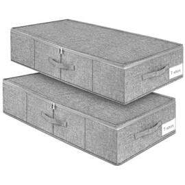 Under Bed Storage, 2 Pack Underbed Storage Container Bags With Lid, Foldable Sturdy Clothes Storage Drawer Organizer W/ 3 Handles, Ultra Thick Fabric Blanket Shoe Storage Box, 30x15x6.7inch, Grey