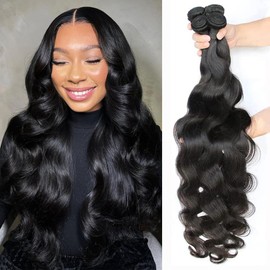 Bundles Human Hair Body Wave Human Hair Bundles 24 26 28 30 Inch, 100% Unprocessed Hair Weave 4 Bundle Deals, 12A Brazilian Body Wave Bundles Double Weft Natural Black Color