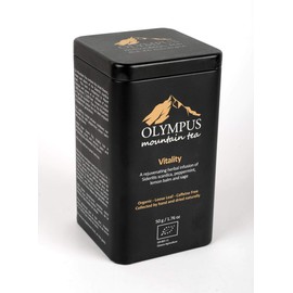 Vitality OLYMPUS Mountain Tea. Organic Greek Herbal Tea Mix of: Greek Mountain Tea (Sideritis Scardica), Peppermint, Lemon Balm and Sage. Metal Tin Box 50 g. / 1.76 oz