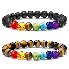 Senidea 7 Chakra Bracelet (2 Pieces or 1 Piece), Yoga Bracelet, Gemstone Bracelets, Natural Chakra Stones, Lava Stone, Healing, Reiki, Energy Therapy for Men and Women, Gemstone