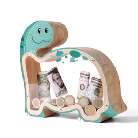 Wooden Dinosaur Brachiosaurus Piggy Bank for Kids Money Coin Bank, Unbreakable Piggy Bank DIY Personalizable Kids Safe Money Box with Stickers, Toddler Birthday Baptism Gifts for Boys Girls