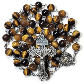 GeekTenet Rosary Beads Chaplet Natural Tiger Eye Stone Rosery Cross Catholic gifts (Brown)