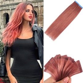 Rose Gold Pink Tape In Hair Extensions Human Hair for Girls 14 Inch Invisible Tape In Human Hair Extensions Highlighted for Party