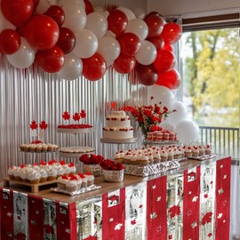 OQOQ Canada Day Decorations Table Skirts (2 Packs), 75x275cm Red Silver Canada Flag Maple Leaf Foil Fringe Table Skirt Streamer Backdrop for 1th of July Canadian National Day Party Patriotic Events Sports Decor