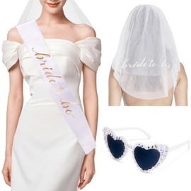 JUSTOTRY Set of 3 Bride to Be Set, White Jga Women Sash and Embroidered Veil Team Bride for Stag Night Women Decoration, Wedding Gift for Bachelorette Party