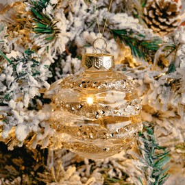 15 Pack Clear and Champagne Glitter Christmas Ball Ornaments(3.15 in/80 mm), Handmade Rustic Farmhouse Christmas Ornaments Set, Champagne Gold Shiny Christmas Tree Ornaments