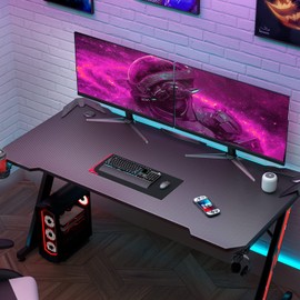 Homall Gaming Computer Desk with Carbon Fiber Surface, Gaming Table Z Shaped Pc Home Office with Cup Holder&Headphone Hook(55 in, Black)